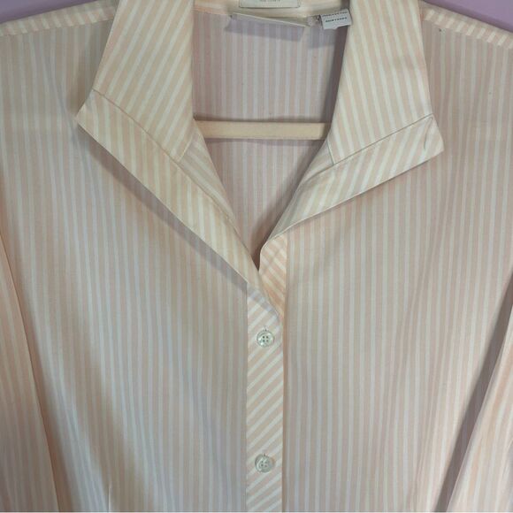 Chico's No-Iron Pink White Pinstripe Button Front Collar Cotton Boho Blouse XL - Picture 2 of 9